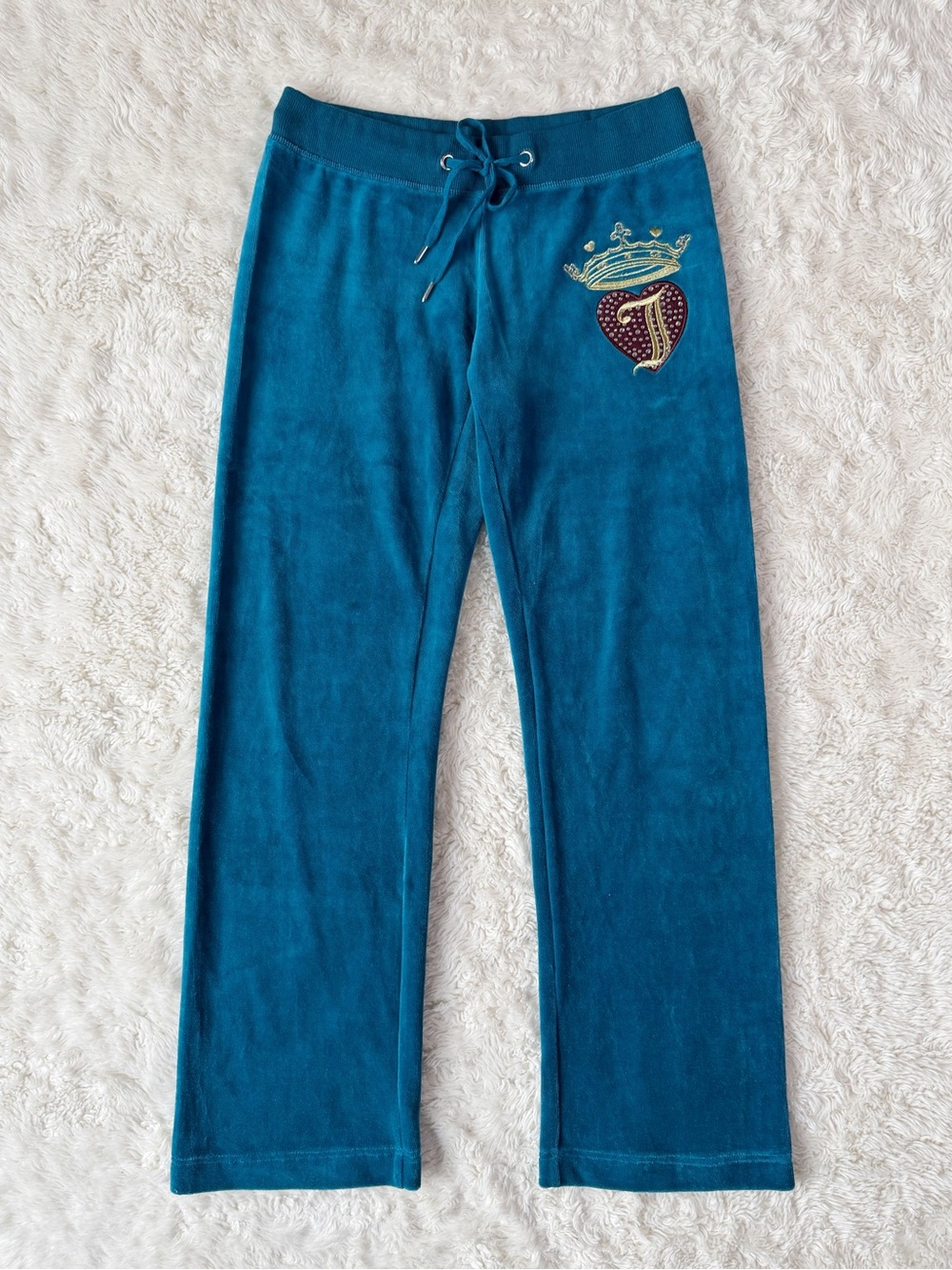 VTG Y2K 90s Juicy Couture Woman Teal Velvet Rhinestone Logo Bootcut Track Pants - Picture 3 of 9